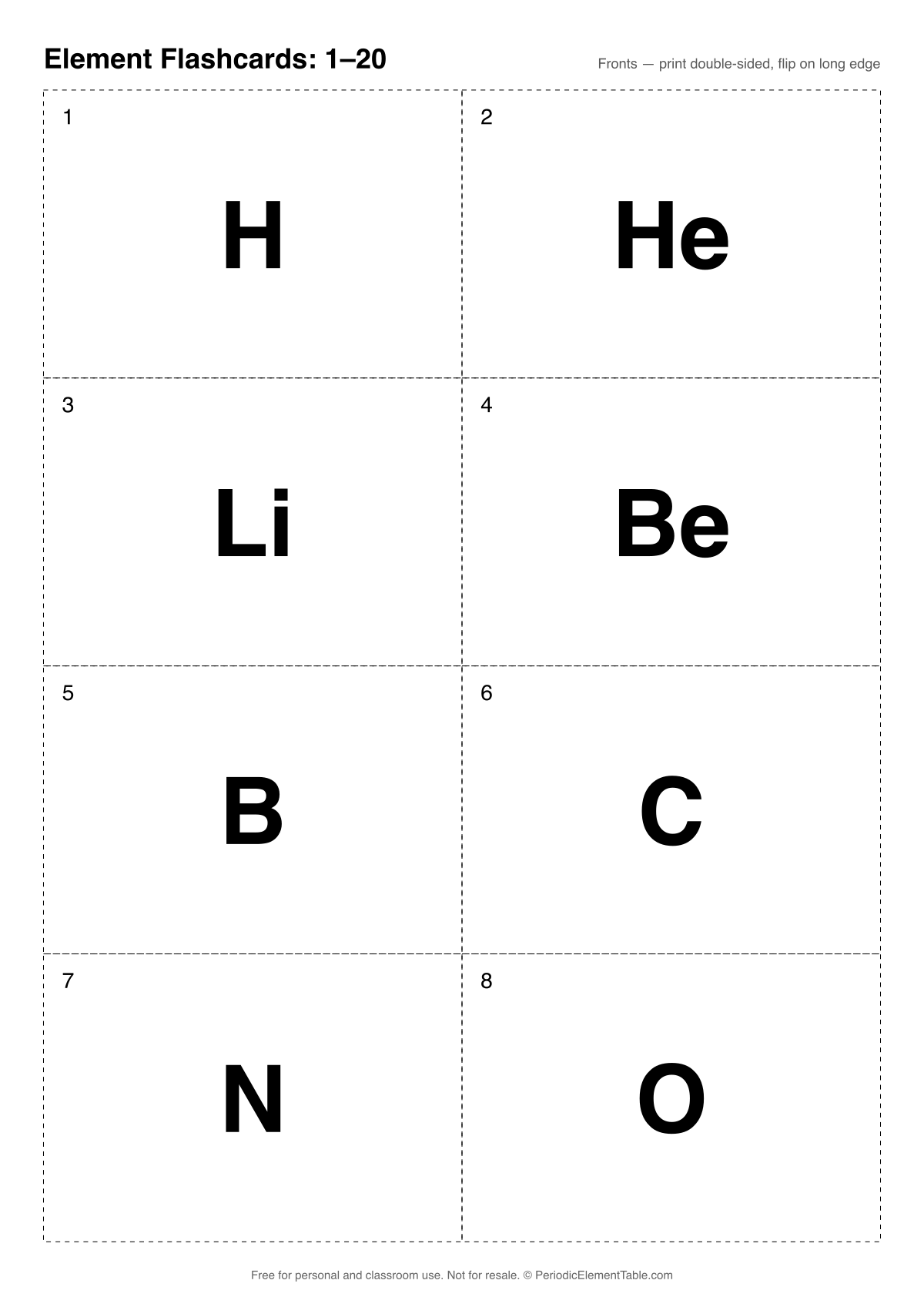 Preview of the Element flashcards: elements 1–20 printable